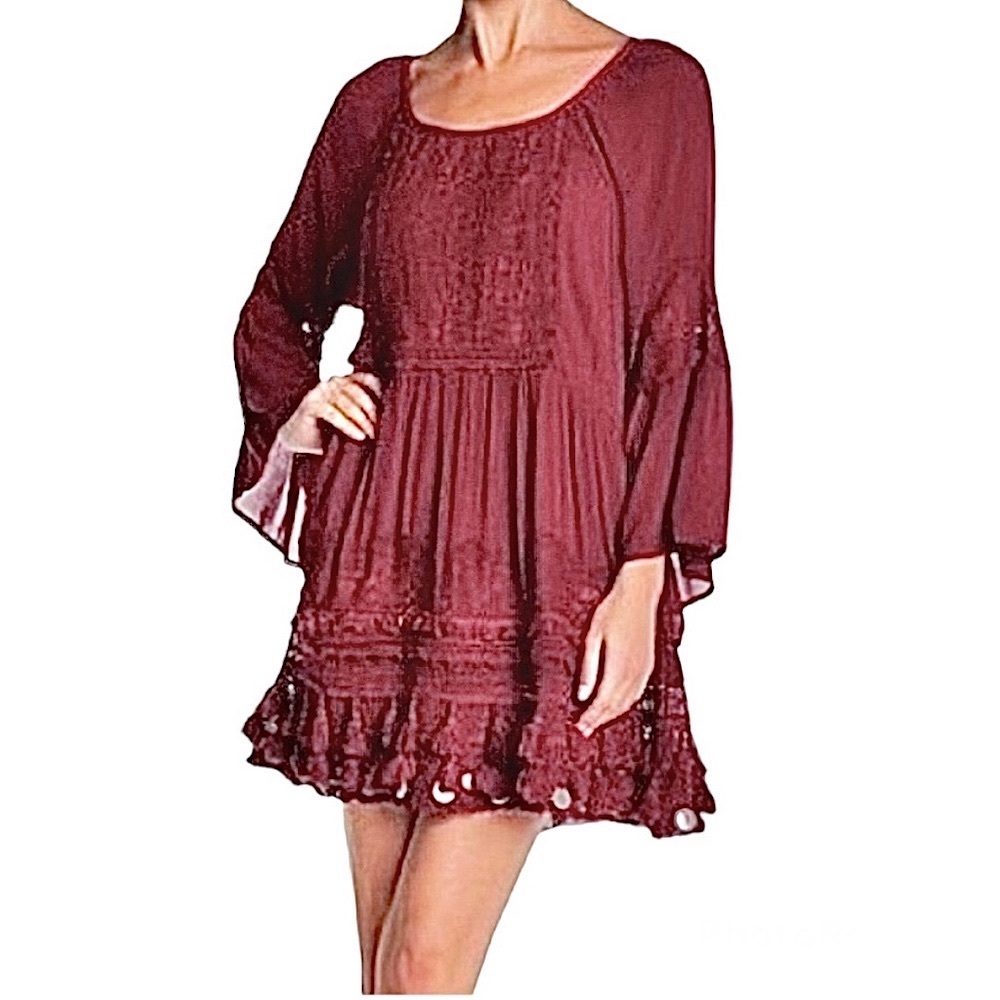 RAGA Bell Sleeve Coin Tassel Hem Mini Dress Boho Lace Embroidered M Burgundy Red